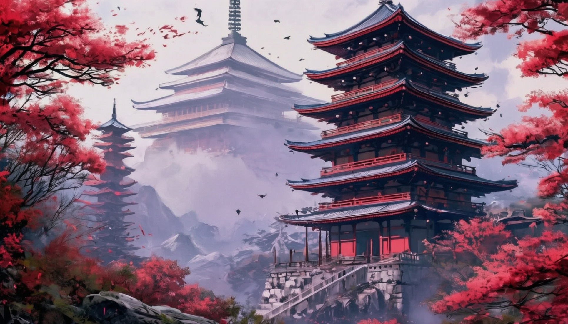Misty crimson pagoda valley