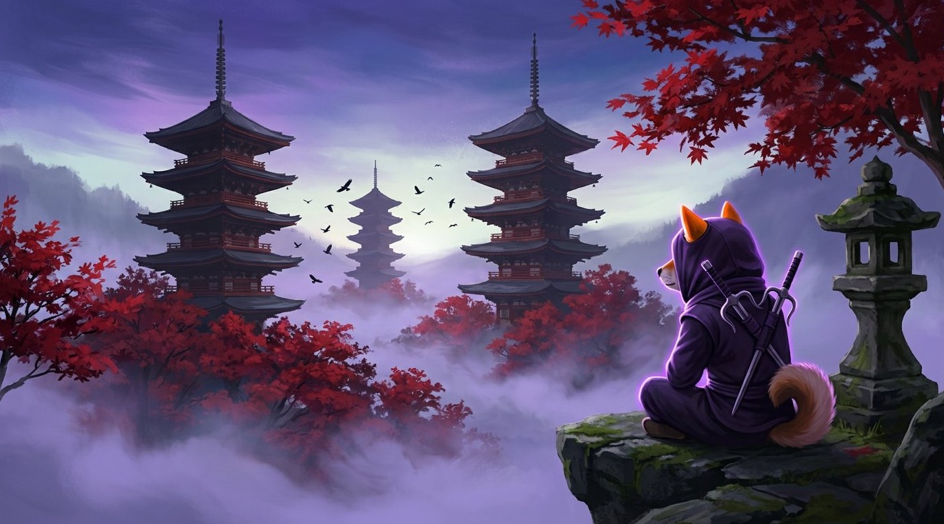 Ninja Shiba Inu overlooking the three misty crimson pagodas at dusk
