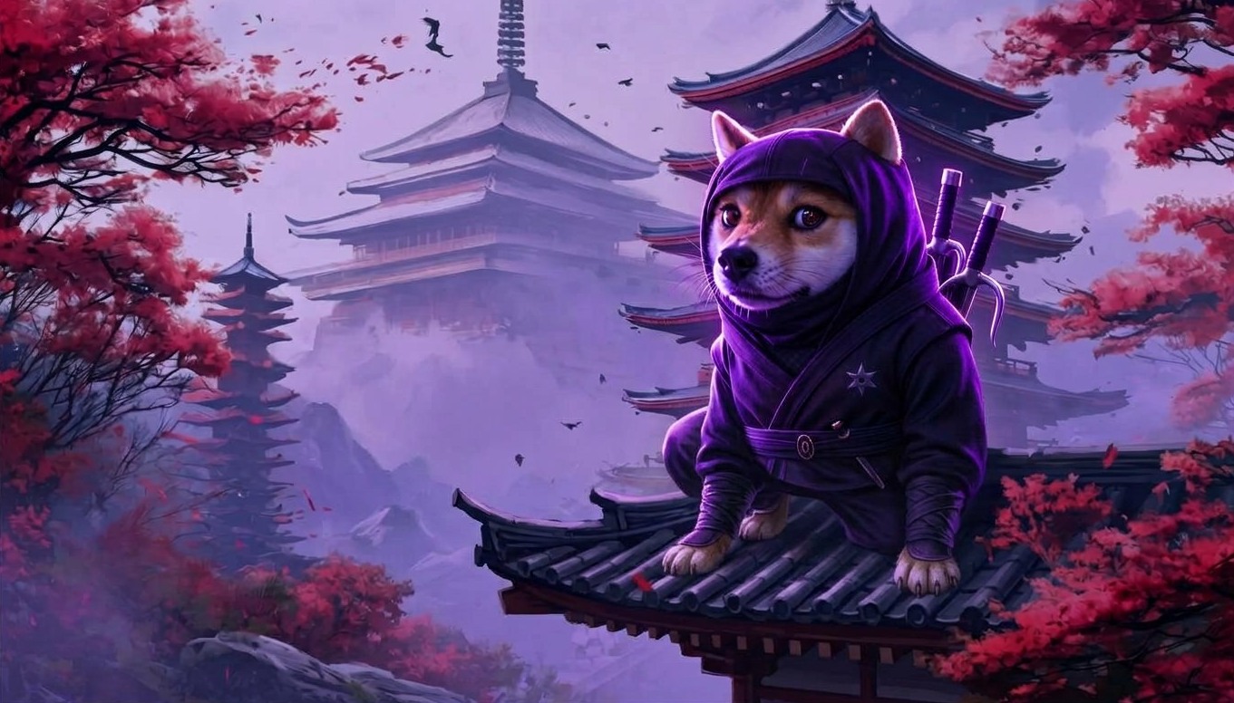 Ninja Shiba Inu crouched on dark pagoda tiles in the mist