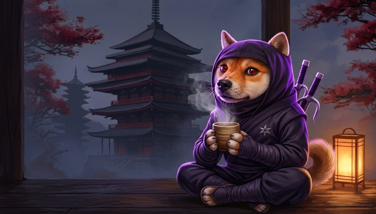 Ninja Shiba Inu holding hot tea on wooden veranda by lantern light